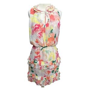 Laundry by Shelli Segal Dress 6 Pink Painted Floral Ruffle Romantic Coquette NEW